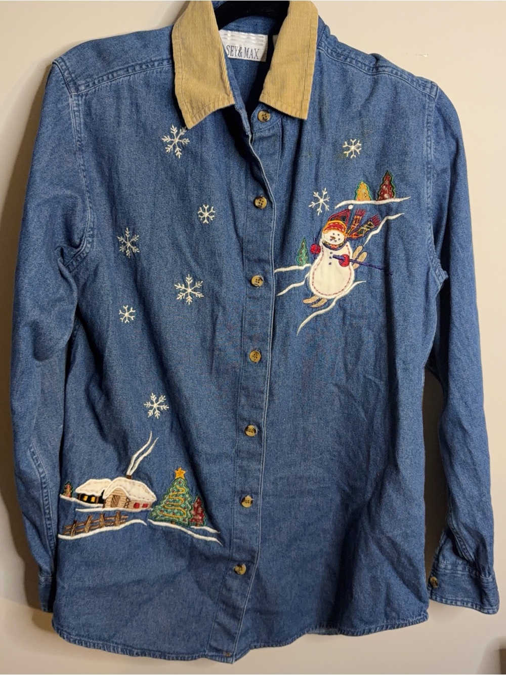 Ladies Blue Denim Button-Down Shirt with Embroidered Snowman